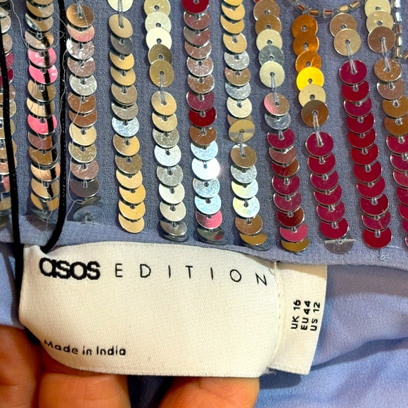 NWT ASOS Lavender, Silver Sequin Floral Midi w/ Faux Feather Hem Size 12 - Picture 5 of 16